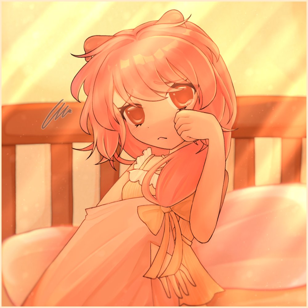 1girl, annoyed, antennae, bed, bonnibelle, bonnibelle_amai, chest_bow, hand_on_own_face