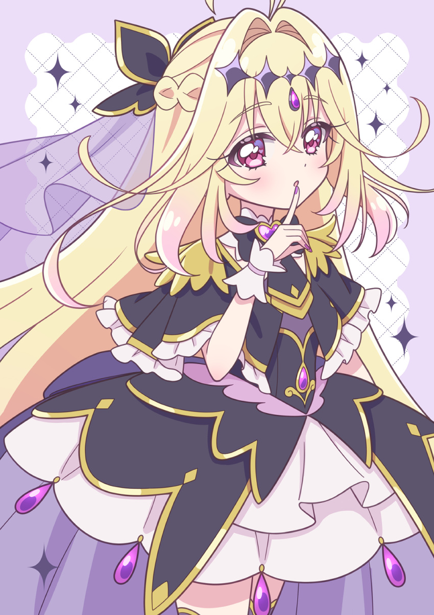 1girl, amai_ribbon, antenna_hair, black_bow, black_bowtie, black_capelet, black_dress, blonde_hair