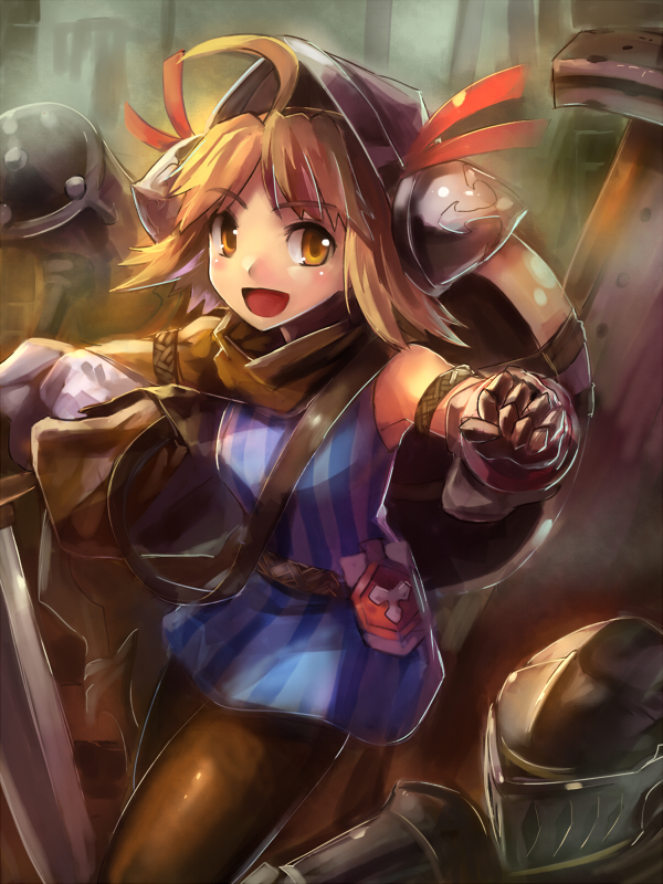 ahoge, armlet, armor, armored_dress, blush, brown_legwear, edobox, gloves