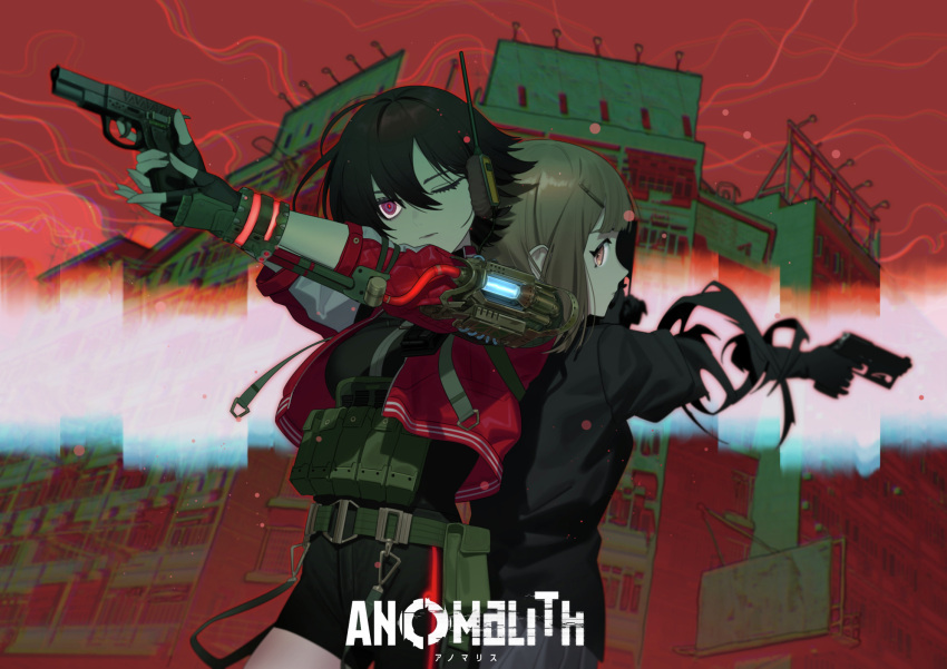 2girls, amabuki_marie, anomalith, black_hair, black_jacket, brown_hair, caligula_(series), caligula_2, commentary_request, company_connection, cropped_jacket, crossover, grey_skirt, gun, hair_ornament, hairclip, handgun, headset, highres, jacket, logo, multiple_girls, oguchi, red_jacket, skirt, weapon