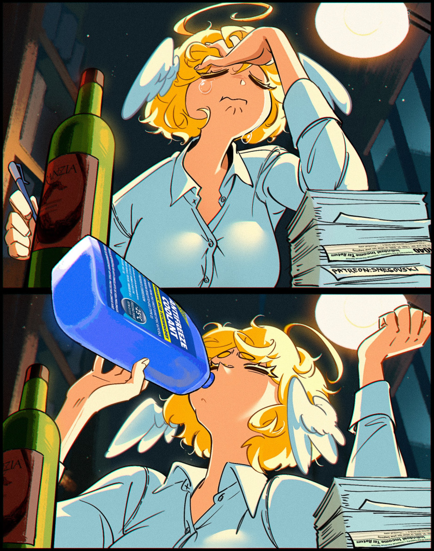 angel, antifreeze, artist_name, blonde_hair, bookshelf, bottle, closed_eyes, closed_mouth