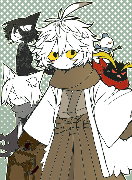 ahoge, animal, animal_ears, bag, bird, black_hair, black_suit, brown_scarf