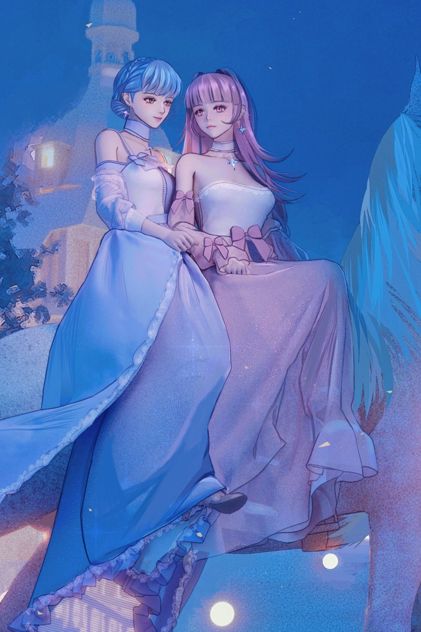 2girls, alternate_costume, bare_shoulders, blue_dress, blue_hair, bow, braid, breasts