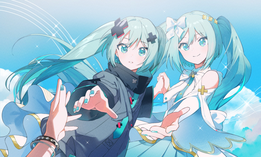 3girls, aqua_eyes, aqua_hair, aqua_nails, bangle, bare_shoulders, batsu_miku, bow