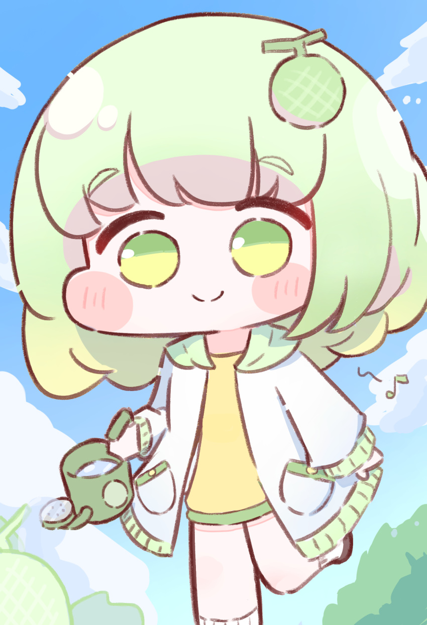 1girl, chibi, day, food, fruit, green_eyes, green_hair, green_jacket