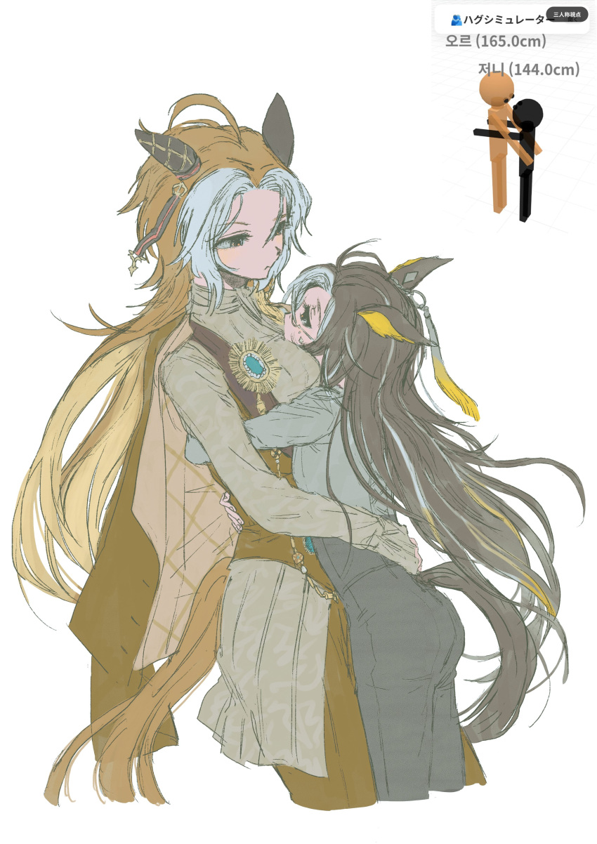 2girls, absurdres, ahoge, animal_ear_piercing, animal_ears, black_pants, blue_gem, breasts