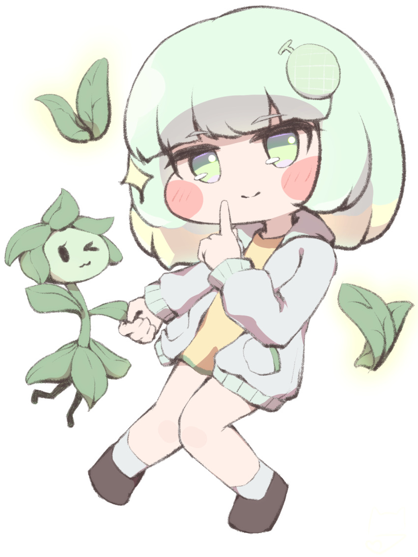 1girl, blush, bow, chibi, closed_mouth, commentary_request, food, fruit