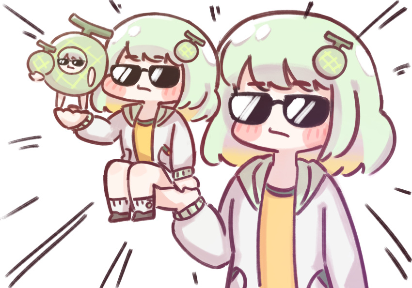 1girl, 2girls, chibi, closed_mouth, commentary_request, emphasis_lines, food, fruit
