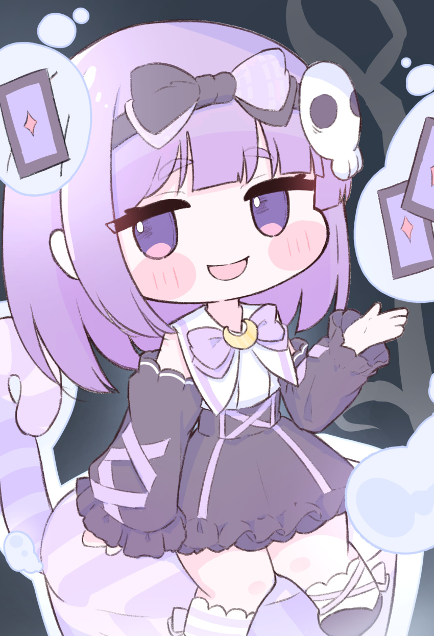 1girl, :d, alice_(trickcal), black_shoes, black_skirt, blush, bow_hairband, card