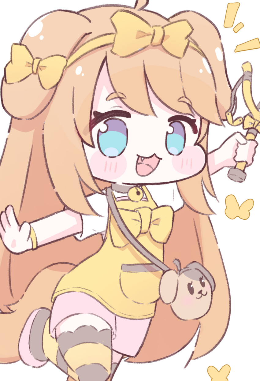 1girl, :d, animal_ears, bell, blue_eyes, bow, brown_hair, butter_(trickcal)
