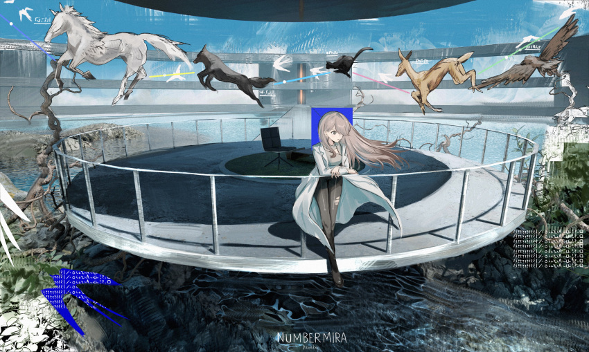 1girl, absurdres, animal, atmospheric_perspective, blue_screen_of_death, brown_hair, complementary_colors, distortion, error_message, floating_hair, gawako, glitch_art, hair_over_one_eye, highres, lab_coat, liminal_space, long_hair, original, pantyhose, perspective, scenery, science_fiction, surreal, swept_bangs, torn_clothes, torn_pantyhose, wide_shot