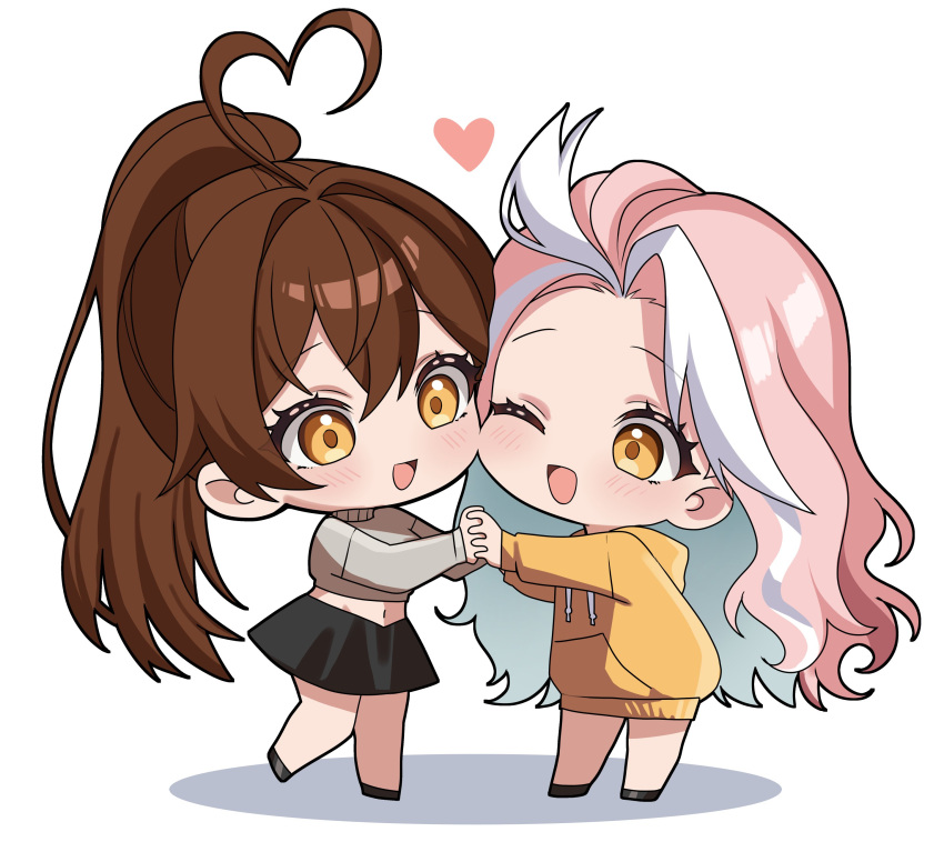2girls, :d, ;d, absurdres, ahoge, black_shoes, black_skirt, blush, brown_hair, chibi, chibi_only, commentary, drawstring, english_commentary, eyelashes, full_body, grey_shirt, hair_between_eyes, hair_intakes, heart, heart_ahoge, high_ponytail, highres, holding_hands, hood, hood_down, hoodie, indie_virtual_youtuber, long_hair, long_sleeves, merururuu, merururuu_(vtuber), midriff, multicolored_hair, multiple_girls, navel, one_eye_closed, open_mouth, pink_hair, ponytail, shirt, shoes, simple_background, skirt, sky_above_me_(vtuber), smile, standing, two-tone_hair, white_background, white_hair, yellow_eyes, yellow_hoodie