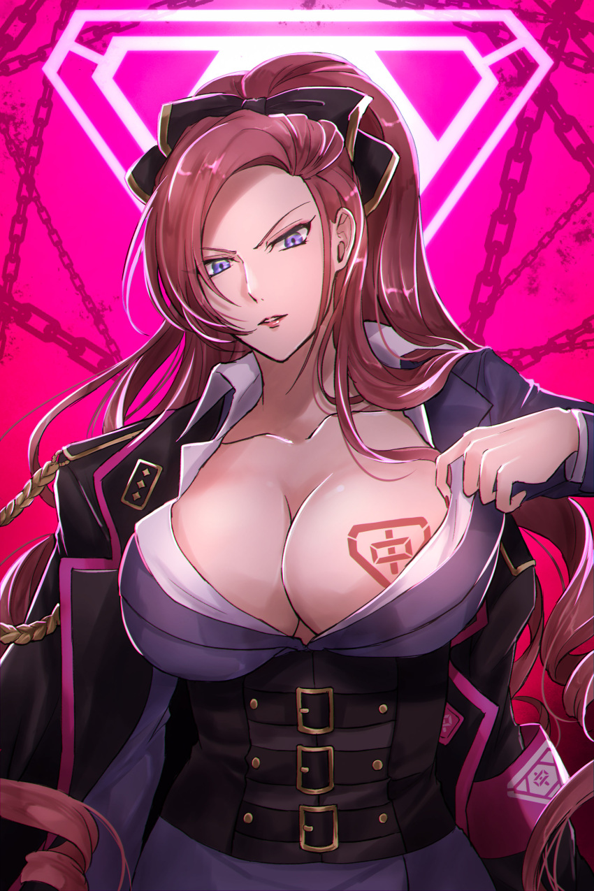 1girl, absurdres, armband, belted_jacket, breast_tattoo, breasts, brown_hair, buckle