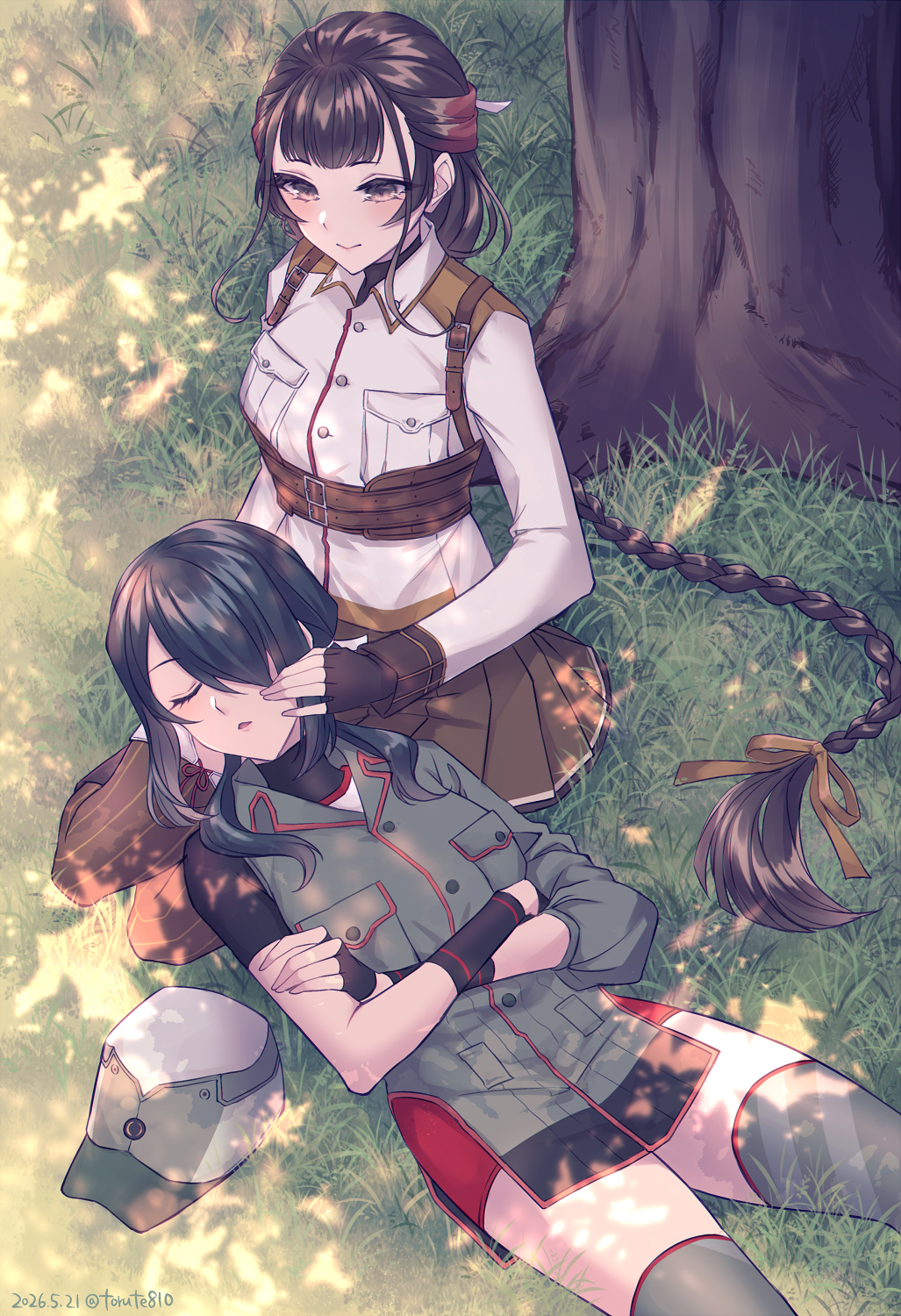 2girls, asymmetrical_clothes, black_eyes, black_hair, blush, braid, breast_pocket, brown_gloves