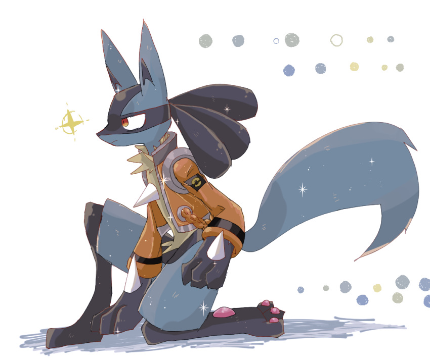 animal_hands, blue_fur, blue_tail, body_fur, chest_spike, closed_mouth, clothed_pokemon, commentary_request, furry, hand_spikes, jacket, lucario, multicolored_fur, on_one_knee, orange_jacket, pawpads, pokemon, pokemon_(creature), pokemon_focus, prrll_kzk, red_eyes, white_background, yellow_fur