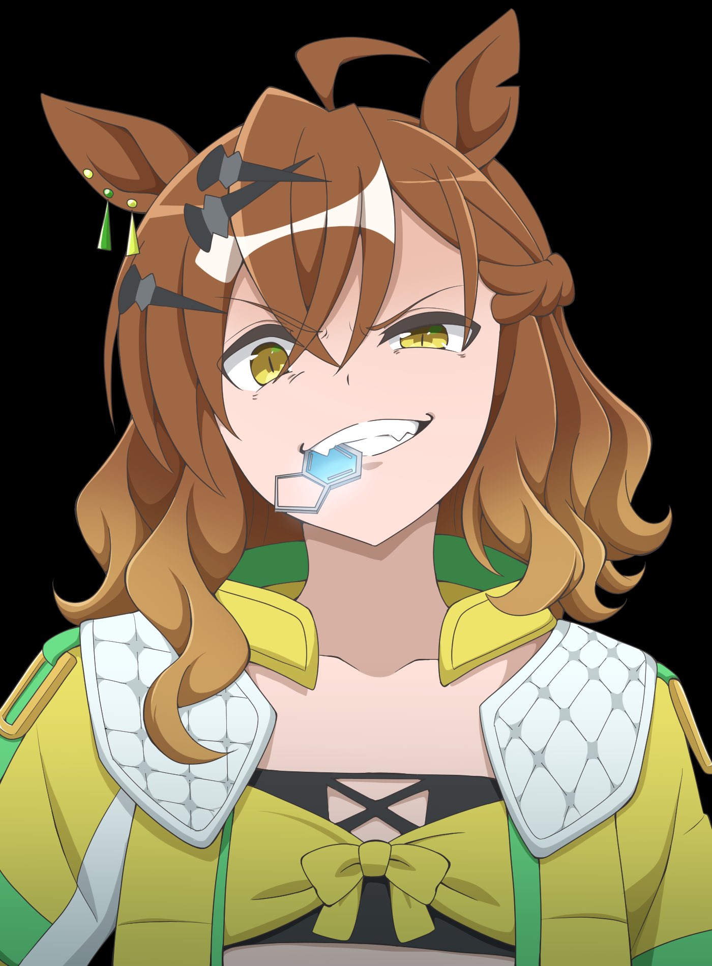 1girl, ahoge, animal_ear_piercing, animal_earrings, animal_ears, bandeau, biting_earring, black_background