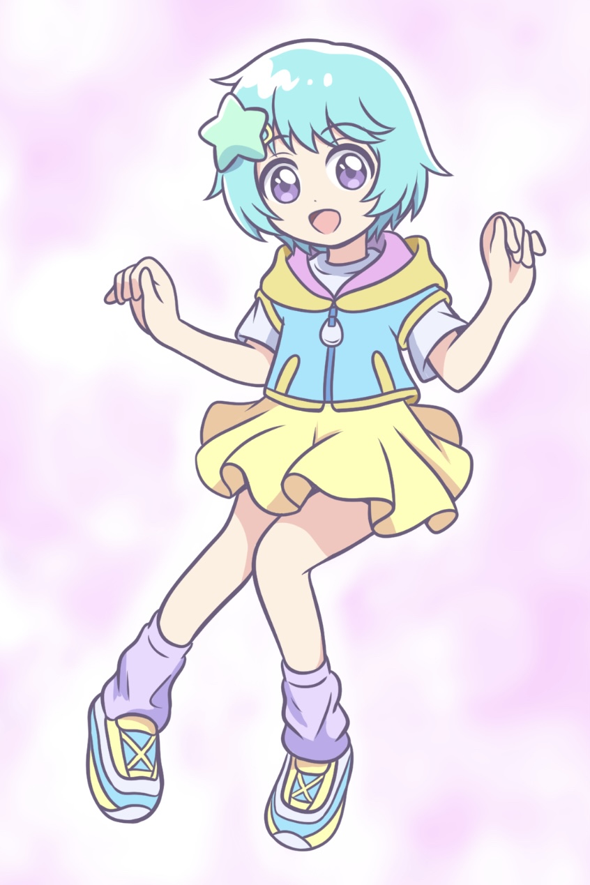 1girl, :d, aqua_hair, blue_jacket, blue_shoes, commentary, curled_fingers, dot_nose