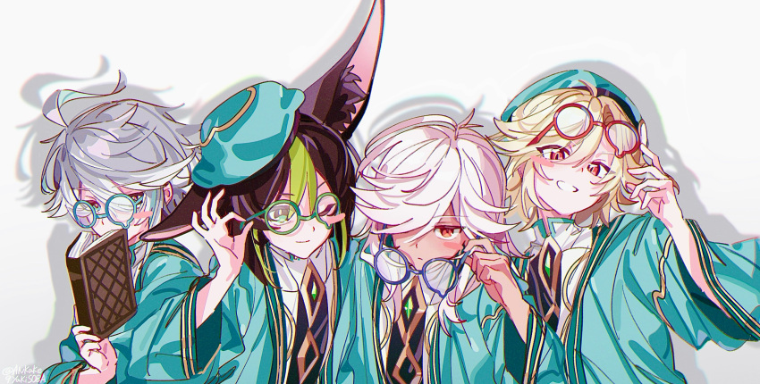 4boys, absurdres, aged_down, akademiya_uniform, alhaitham_(genshin_impact), animal_ear_fluff, animal_ears, ankake9yakisoba