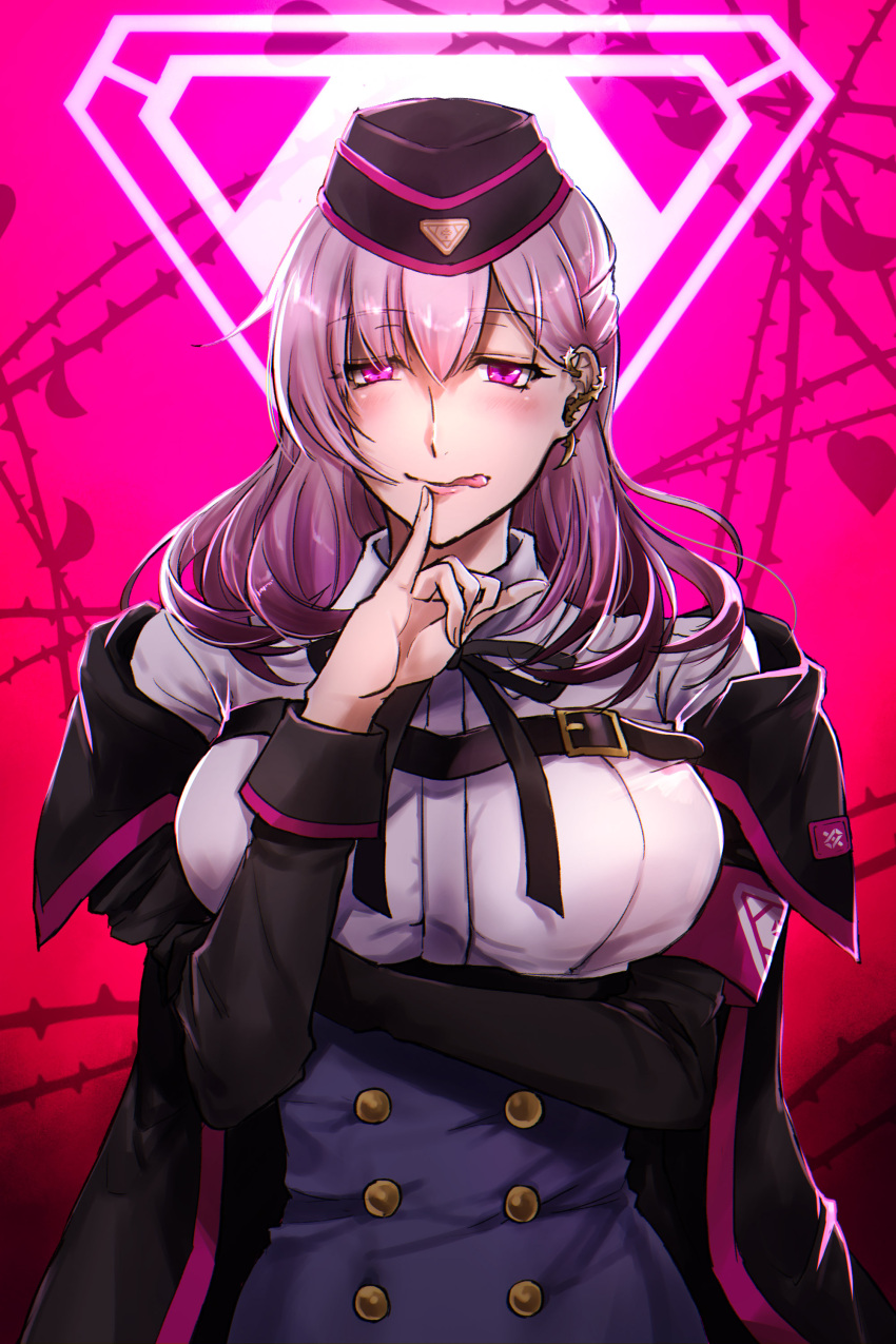 1girl, absurdres, armband, black_gloves, black_ribbon, blush, breasts, buckle, buttons, chelsea_(chiel4122), commentary_request, cowboy_shot, ear_cuffs, elbow_gloves, garrison_cap, gloves, hat, highres, hypnosis_mic, keitoin_honobono, kotonohatoh_uniform, large_breasts, long_hair, long_sleeves, pink_armband, pink_background, pink_hair, ribbon, single_glove, solo