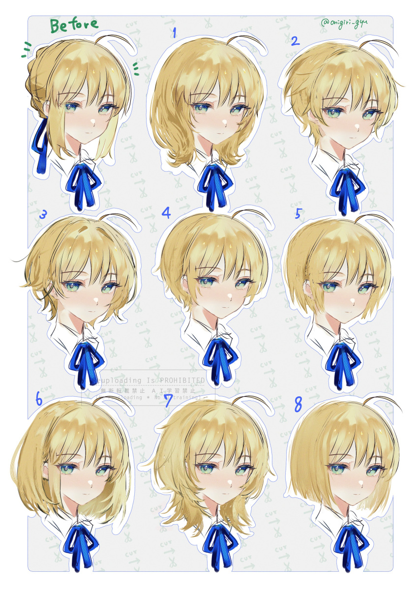 1girl, absurdres, ahoge, arrow_(symbol), blonde_hair, blue_ribbon, blush, border, character_request, closed_mouth, commentary_request, copyright_request, cropped_head, eyelashes, green_eyes, highres, medium_hair, multiple_hairstyles, multiple_views, neck_ribbon, nigiri, notice_lines, numbered, outline, ribbon, scissors, short_hair, sidelocks, twitter_username, very_short_hair, white_border, white_outline