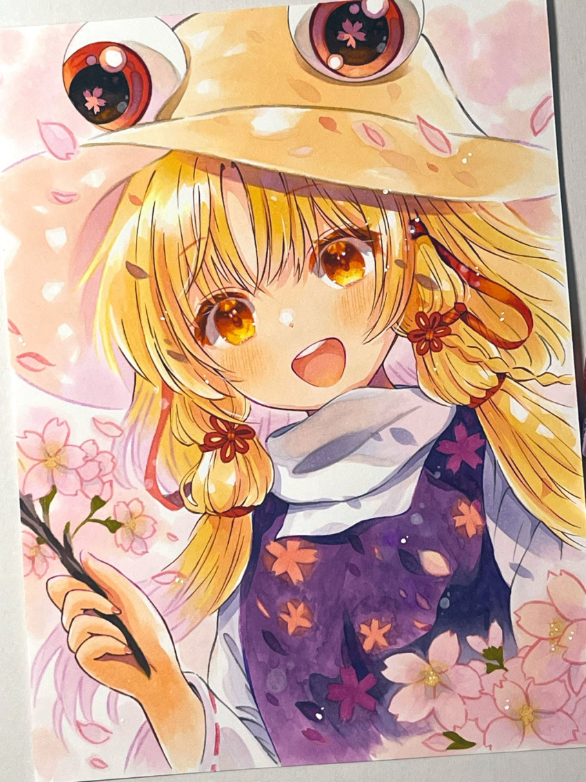 1girl, blonde_hair, blush, branch, brown_hat, cherry_blossoms, flower, hair_ribbon