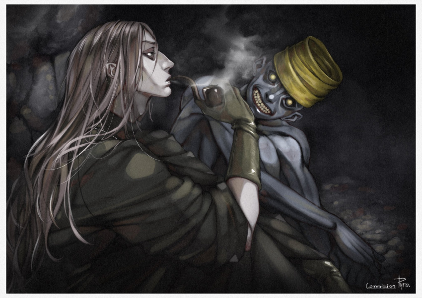 2boys, artist_name, black_gloves, black_robe, brown_hair, cavedweller, commentary, commission