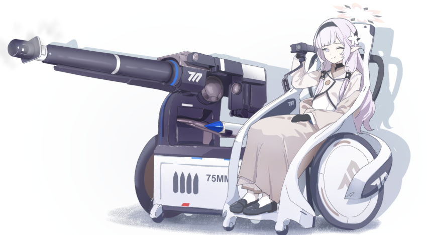 arm_up, beige_jacket, beige_skirt, big_gun, black_gloves, black_hairband, black_halo, black_shirt