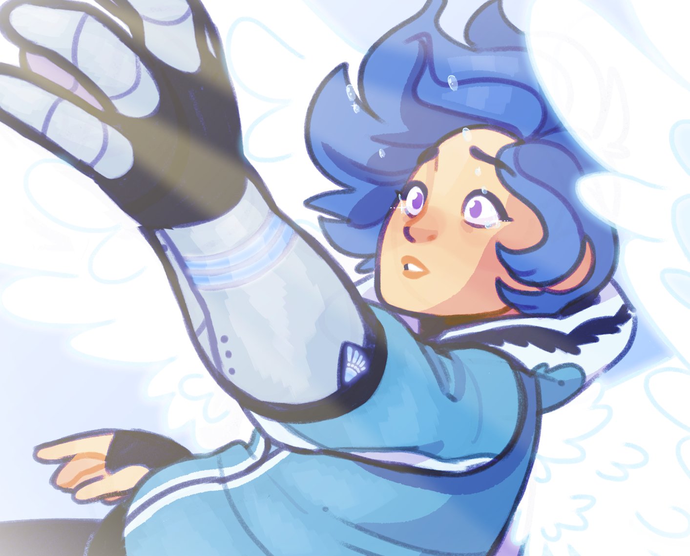 1girl, big_chez, blue_hair, blue_hoodie, commentary, cyborg, english_commentary, glitch