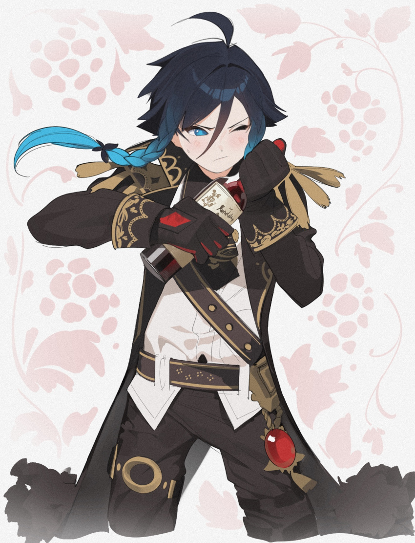 1boy, abbystea, alcohol, black_coat, black_gloves, black_hair, black_pants, blue_eyes