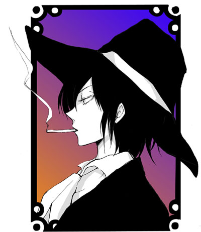 face, hat, lowres, male, monochrome, mugen_mamiya, mugen_shinshi, nfa_(tomo), short_hair, smoke, smoking