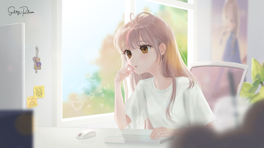 1girl, :o, ahoge, brown_eyes, brown_hair, chair, commentary_request, computer_keyboard