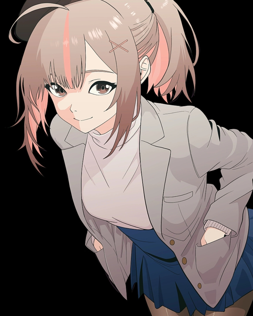 1girl, ahoge, bent_over, black_background, blue_skirt, brown_eyes, brown_hair, closed_mouth