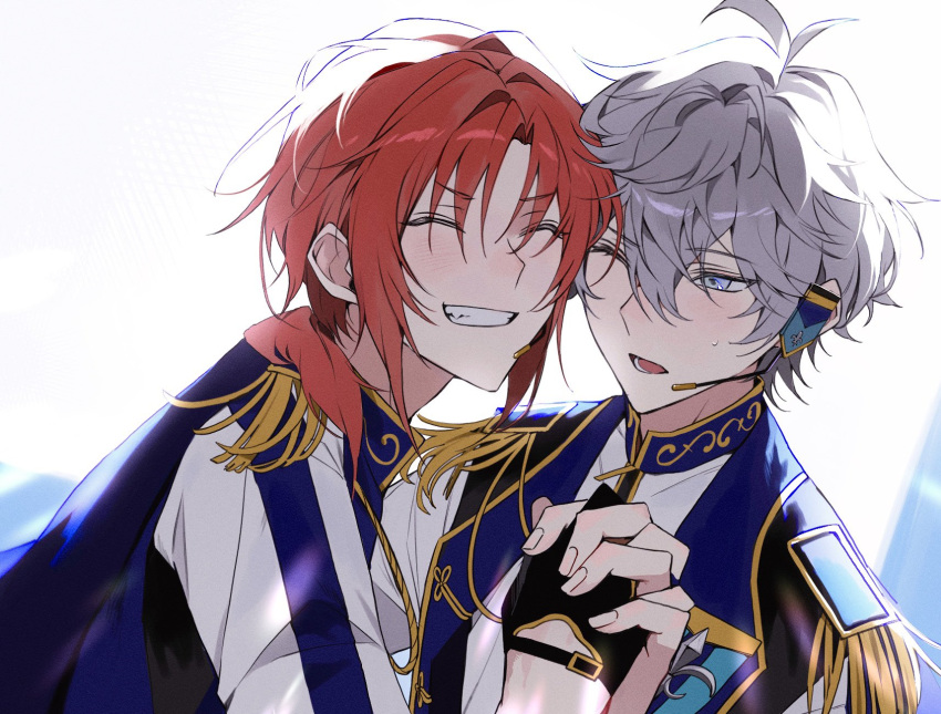 2boys, black_gloves, blue_eyes, blush, closed_eyes, collared_shirt, commentary_request, ensemble_stars!