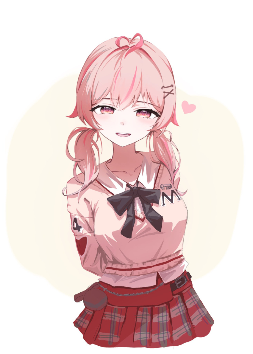 1girl, :d, ahoge, arms_behind_back, black_bow, black_ribbon, bow, commentary_request, hair_intakes, hair_ornament, hairclip, heart, heart_ahoge, highres, looking_at_viewer, mygomiee, open_mouth, pink_hair, pink_sweater, plaid, plaid_skirt, pleated_skirt, red_skirt, ribbon, skirt, solo, streaked_hair, sweater, teeth, twintails