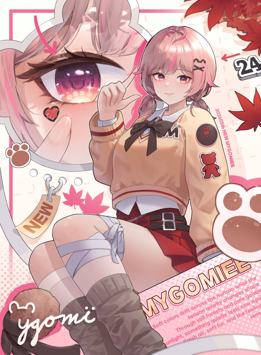 1girl, absurdres, bandaged_leg, bandages, belt, black_bow, black_ribbon, bow, brown_eyes, brown_hair, brown_sweater, buttbbol, commentary_request, eyebrows_visible_through_hair, from_below, hair_ornament, hairclip, highres, index_finger_raised, korean_commentary, leaf, leg_warmers, looking_at_viewer, maple_leaf, mygomiee, pink_hair, red_skirt, ribbon, sitting, solo, streaked_hair