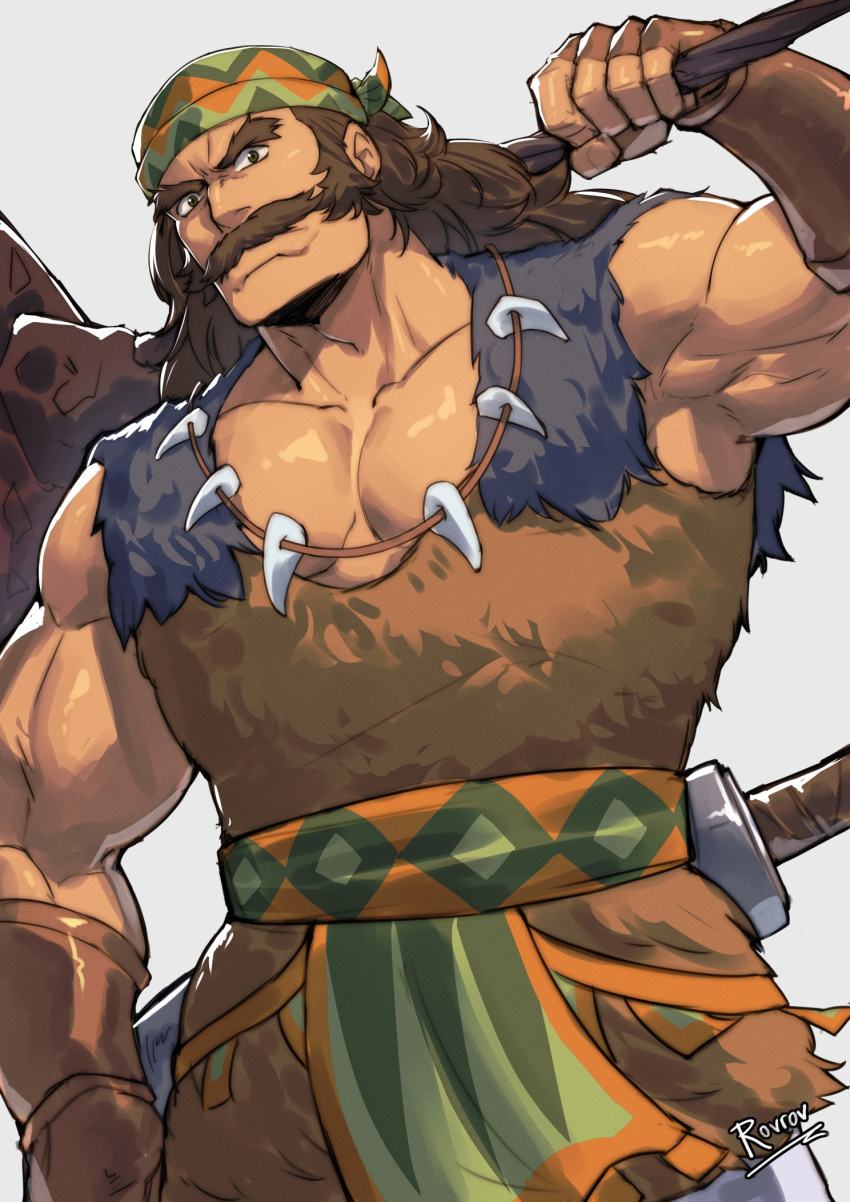 1boy, artist_name, bandana, batu_(ni_no_kuni_ii), biceps, brown_gloves, brown_hair, facial_hair
