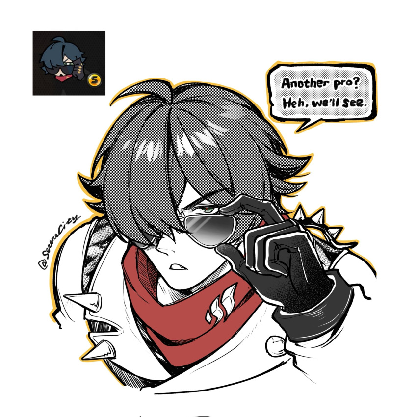 1boy, artist_name, black_gloves, city_serene, commentary, english_commentary, game_screenshot, gloves