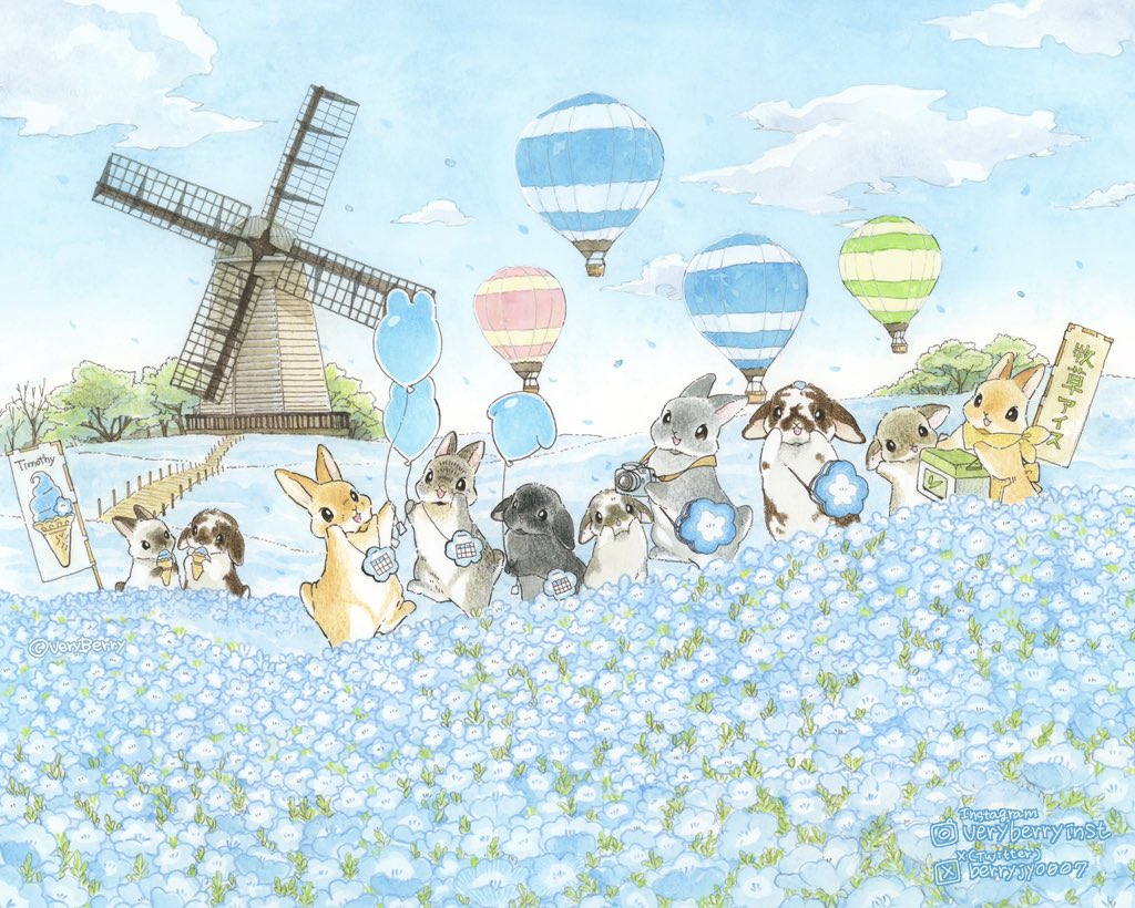 :d, aircraft, animal-shaped_balloon, animal_ears, animal_focus, bag, balloon, banner, berry_jou, blue_bag, blue_flower, blue_petals, blue_sky, blue_theme, bridge, camera, clouds, day, eating, field, flower, flower-shaped_bag, flower_field, food, happy, holding, holding_balloon, holding_camera, holding_food, holding_ice_cream, hot_air_balloon, ice_cream, instagram_logo, instagram_username, nemophila_(flower), no_humans, nobori, open_mouth, original, outdoors, petals, rabbit, rabbit_ears, rearing, sky, smile, too_many, too_many_rabbits, twitter_username, twitter_x_logo, waving, windmill, wooden_bridge