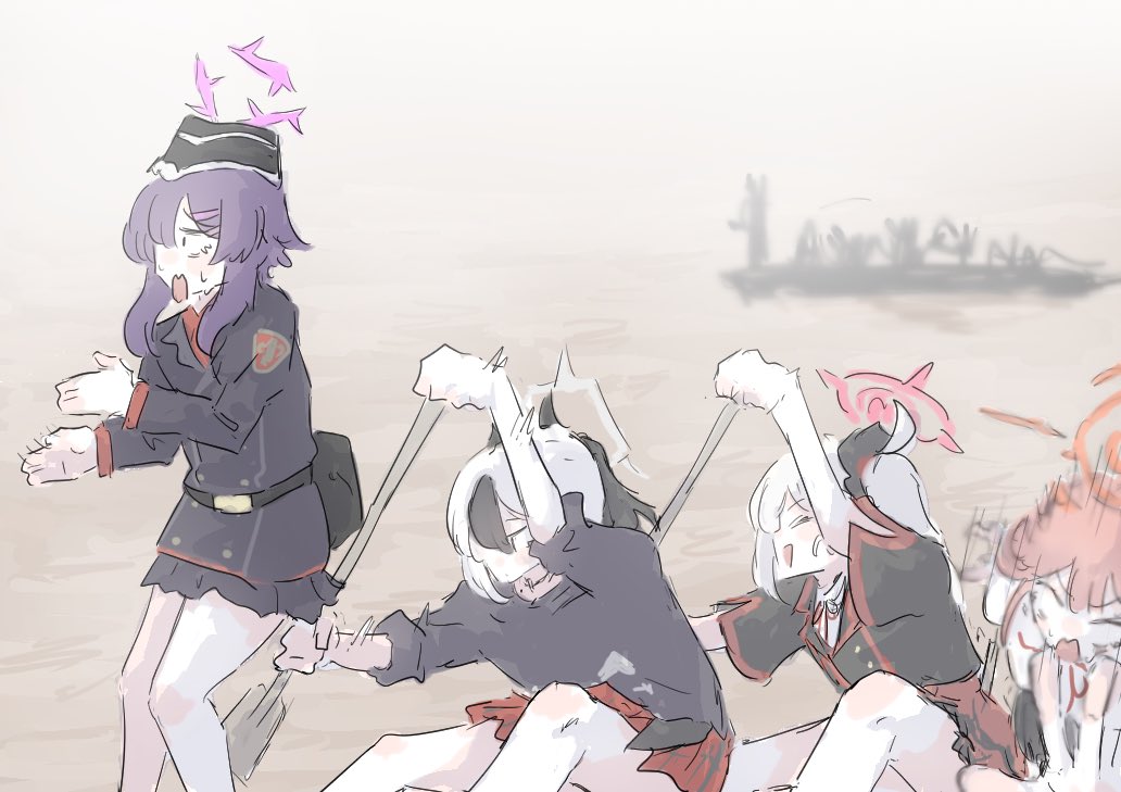 4girls, aru_(blue_archive), black_flower, black_hair, black_horns, blue_archive, choker, commentary_request, demon_horns, flower, grey_halo, hair_flower, hair_ornament, halo, haruka_(blue_archive), hat, holding, holding_oar, horns, indonesian_boat_racing_kid_(meme), kayoko_(blue_archive), long_hair, long_sleeves, meme, mole, mole_on_neck, multicolored_hair, multiple_girls, mutsuki_(blue_archive), oar, open_mouth, problem_solver_68_(blue_archive), purple_hair, purple_halo, red_halo, red_skirt, rowing, shirt, side_ponytail, skirt, tapiika0141, two-tone_hair, white_hair, white_shirt