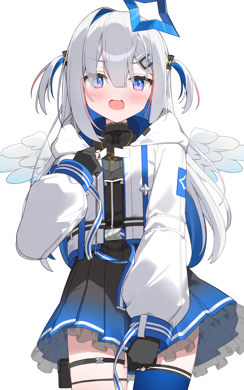 1girl, :d, amane_kanata, black_gloves, blue_halo, commentary_request, dress, gloves