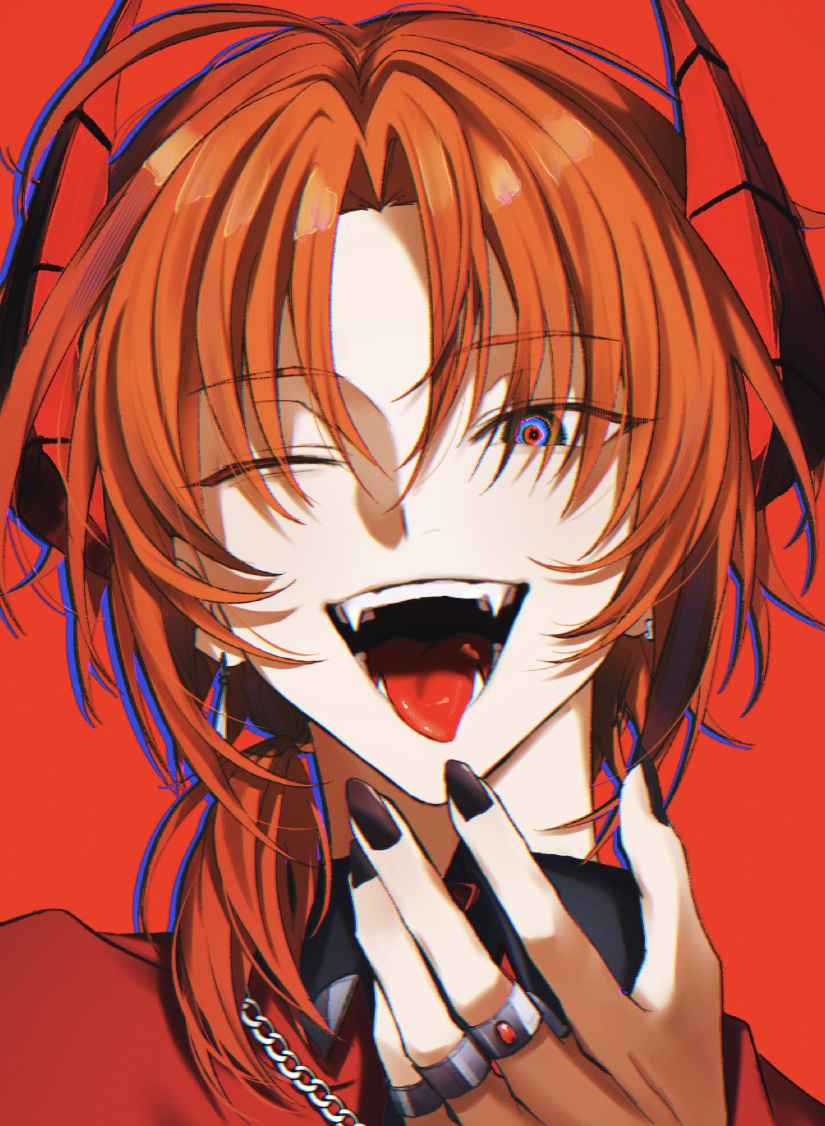 1boy, black_nails, chain, demon_horns, dominant_(ensemble_stars!), earrings, ensemble_stars!, eyes_visible_through_hair