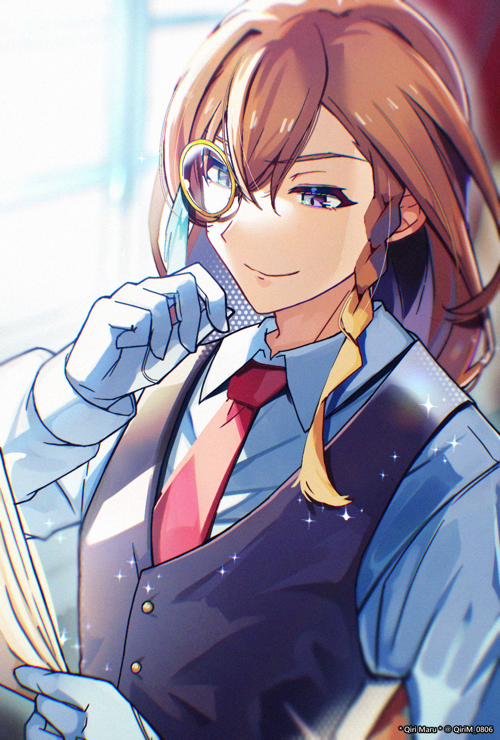 1boy, black_vest, braid, brown_hair, chromatic_aberration, closed_mouth, commentary_request, gloves