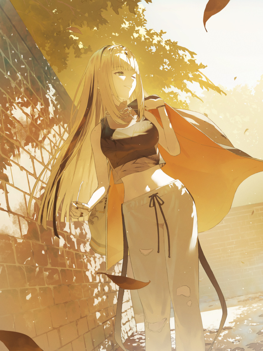 1girl, :d, ;d, black_shirt, black_streaks, black_tank_top, blonde_hair, blue_eyes, blunt_ends, commentary_request, cropped_shirt, curtained_hair, day, fagi_(kakikaki), falling_leaves, grey_pants, grin, highres, holding, holding_removed_eyewear, holding_unworn_clothes, holding_unworn_jacket, hololive, hololive_dev_is, jacket, koganei_niko, koganei_niko_(1st_costume), leaf, long_hair, midriff, multicolored_hair, navel, one_eye_closed, outdoors, pants, see-through_clothes, see-through_shirt, shirt, smile, solo, straight_hair, streaked_hair, sweatpants, tank_top, torn_clothes, torn_pants, unworn_eyewear, unworn_jacket, virtual_youtuber