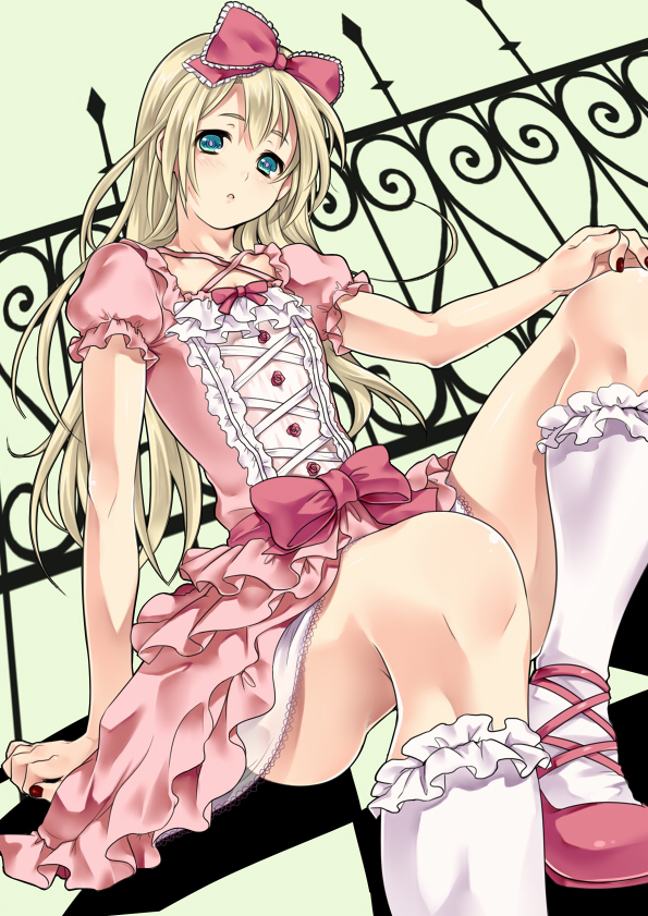 ankle_lace-up, blonde_hair, blue_eyes, bow, cross-laced_footwear, crossdressing, crossdressinging, dress