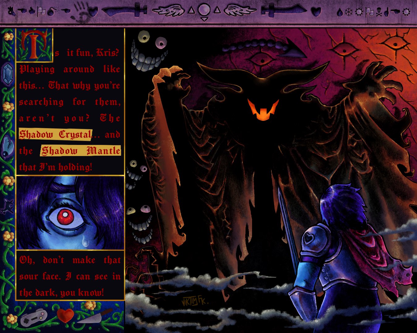 armor, blue_hair, cape, deltarune, dialogue, eram_(deltarune), evil_grin, evil_smile