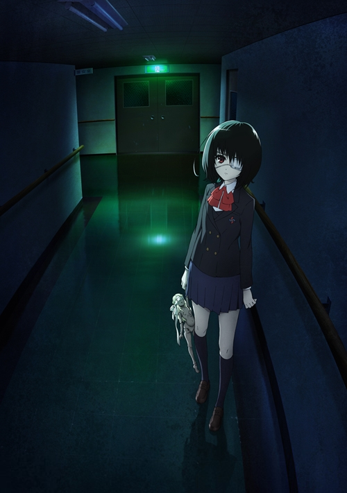 another, another_(manga), another_(novel), black_hair, dark, doll, exit_sign, eyepatch, hallway, misaki_mei, official_art, red_eyes, school_uniform, solo, standing