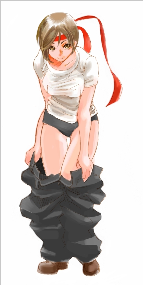 brown_hair, gym_uniform, headband, meiko, pants, short_hair, simple_background, solo, undressing, ura_hanabi, vocaloid