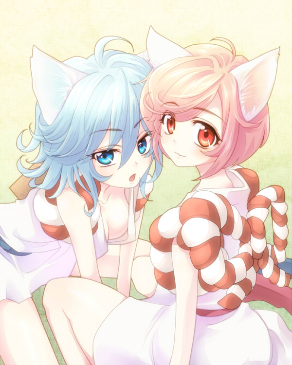 animal_ears, blue_eyes, blue_hair, box, breasts, cleavage, donation_box, gloves