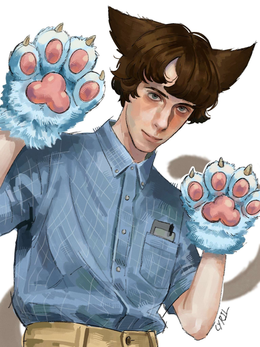 1boy, adam_lanza, aged_down, animal_ears, animal_hands, artist_name, bare_arms, blue_eyes