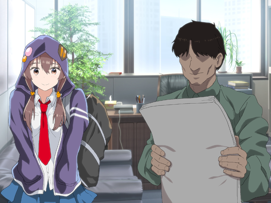 1boy, 1girl, anime_coloring, bag, black_hair, blue_skirt, blush, brown_eyes